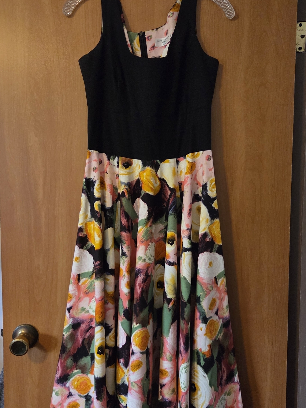 ANNE ELIZABETH ABAYA Black Bodice Maxi Dress with Floral Skirt Size 6 US Vintage